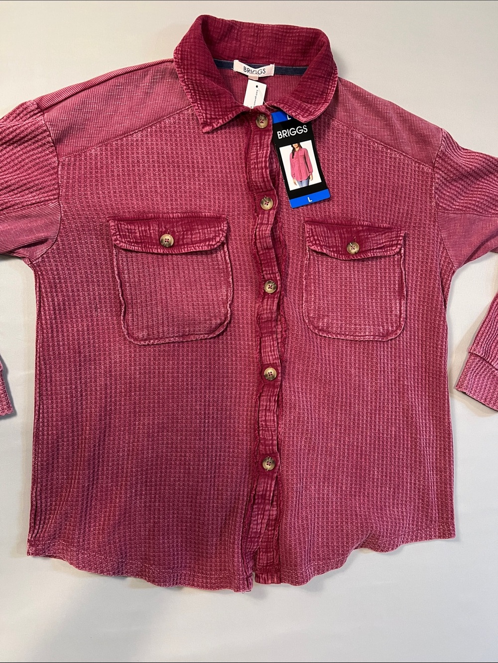 Briggs New York Raspberry Red Waffle Knit Button-Front Shirt Size L - Picture 2 of 11